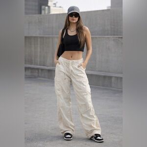 American Eagle Outfitters Cream Wide-Leg Cargo Pants